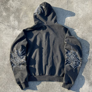 Wholesale <b>Black</b> Streetwear Zipper <b>Hoodie</b> Oversized French Terry Acid Wash <b>Hoodie</b> Distressed Rhinestone Zip Up <b>Hoodie</b> For <b>Men</b> - Product Image 2