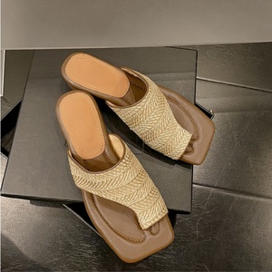 Leather Ladies Heeled Sandals Comfortable Padding Insole 4cm <b>Block</b> Heel Summer Slide Women's Straw Woven Sandals - Product Image 1