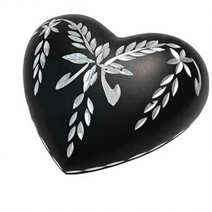 Urne funéraire noire en forme de cœur avec motif de feuille argentée pour cendres d'adultes, urne souvenir en forme de cœur pour cendres masculines et féminines - Product Image 1