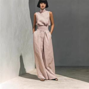 Ensemble deux pièces <span class=keywords><strong>pour</strong></span> <span class=keywords><strong>femme</strong></span>, haut sans manches à col montant, pantalon large taille haute, effet lin, élégant et décontracté - Product Image 3