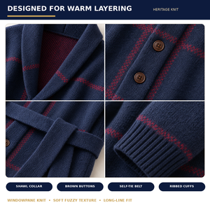 Cardigã Masculino de Tricô Longo com Cinto e Gola Xale Xadrez 100% Poliéster Vintage Jaqueta de Inverno Atacado OEM - Product Image 2