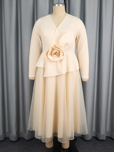 AM050917 Elegante Abito da Sera con Scollo <span class=keywords><strong>a</strong></span> V, <span class=keywords><strong>Maniche</strong></span> <span class=keywords><strong>Lunghe</strong></span> in Rete, Linea ad <span class=keywords><strong>A</strong></span> e Grande Fiore, Lunghezza Midi - Product Image 5