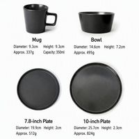 Service de table en céramique noire mate de 16 pièces avec tasses à poignée carrée, assiettes et bols pour la cuisine