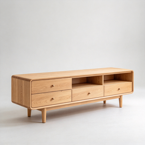 Meuble TV en chêne massif, meuble multimédia en bois, unité de divertissement sur pied avec tiroirs et étagères ouvertes pour salon - Product Image 1