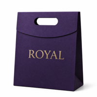 Sac shopping en papier personnalisé, sac violet avec rabat incurvé, poignée découpée, impression dorée pour emballage de vente au détail