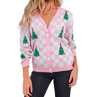 Cardigan en tricot à carreaux pour femme, col en V, boutonné, manches longues, motif sapin de Noël, pour les fêtes