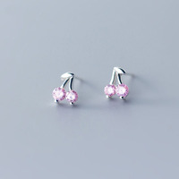 Schattige S925 zilveren roze zirkoon kersen oorhangers 925 sterling zilver dubbele kersen oorhangers