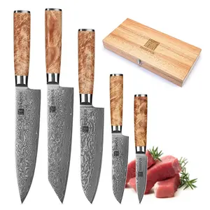 Sang Trọng Bằng Gỗ Hộp Quà Tặng Damascus Dao Đặt 5 Pcs Bóng Gỗ Damask Đầu Bếp Dao Đặt