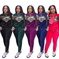 MT46-278 Bán Buôn Sequined Trống Velour 2 Piece Mùa Đông Sweatsuit Chạy Bộ Thể Thao Đồng Bằng Phụ Nữ Mồ Hôi Phù Hợp Với