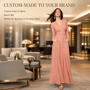 Abito lungo avvolgente rosa antico da <span class=keywords><strong>donna</strong></span> con scollo a V profondo, maniche lunghe, tasche laterali, fluido, per serate, feste, matrimoni, vendita diretta dalla fabbrica, personalizzabile - Product Image 3