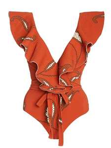 JSN9203860 Maillot de bain une pièce imprimé à volants orange et couverture taille haute col en V Sexy Slim Backless Bikini dames été plage - Product Image 3