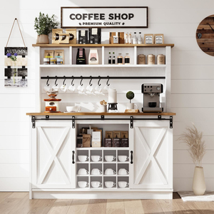 Coffee Bar Cabinet, Wine with Racks, Hutch Storage Cabinet Sliding Barn Doors for <b>Kitchen</b> Dining Living Room - Product Image 1
