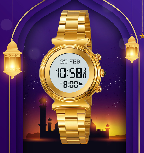 Islamic Muslim Prayer Watch for Women Auto Qibla Compass Waterproof 33mm Digital Display 16mm Stainless Steel Band