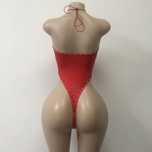 工場卸売 ワンピース ナイロン製 レディース セクシー ストリッパー ボディスーツ ホルターネック ラインストーン付き エキゾチック ダンスウェア - Product Image 2