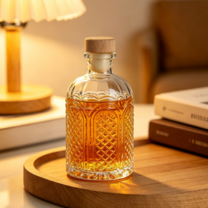Bouteille en verre gaufré rétro vide <span class=keywords><strong>de</strong></span> 100 ml, 150 ml, 160 ml, 180 ml, 220 ml, 250 ml pour boissons, jus, liqueurs, whisky, vin avec bouchon en <span class=keywords><strong>bois</strong></span> - Product Image 3