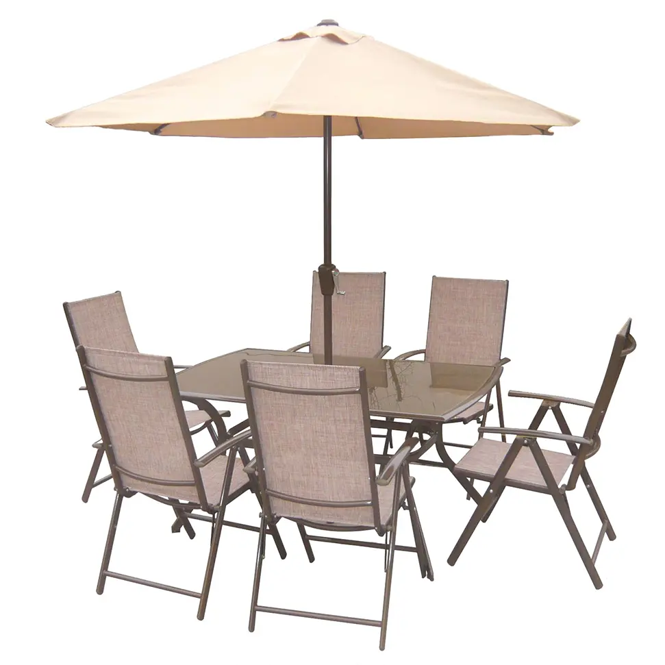 Design moderno 8 pezzi sedia da esterno per tavolo da pranzo con Patio con Set da giardino per mobili da imbracatura da Patio con ombrello da mercato