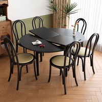Französischer Retro-Esstisch aus Massivholz, Ausziehbar Rund/Quadratisch, Schwarzer Mid-Century Modern Tisch für Kleine Wohnungen