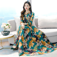 Robes maxi en mousseline de soie pour femmes, robes à manches longues à col chemise imprimées de fleurs, bouton, nouvelle mode élégante décontractée