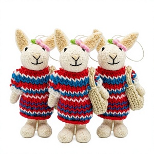 Handmade Eco-Friendly Traditional Knitted Rabbit Ornament 100% Wool Red Blue White Sweater Cartoon <b>Animal</b> Christmas Decoration - Product Image 1