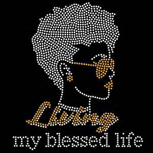 Diseño de Transferencia de Pedrería Termoadhesiva Personalizada con la Frase 'Living My Blessed Life', Motivo Religioso, Pedrería para Planchar en Camisetas - Product Image 2