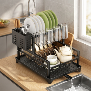 Égouttoir à vaisselle à double niveau avec porte-couverts et bac de drainage pour rangement de cuisine, design moderne en plastique, type sur pied - Product Image 6