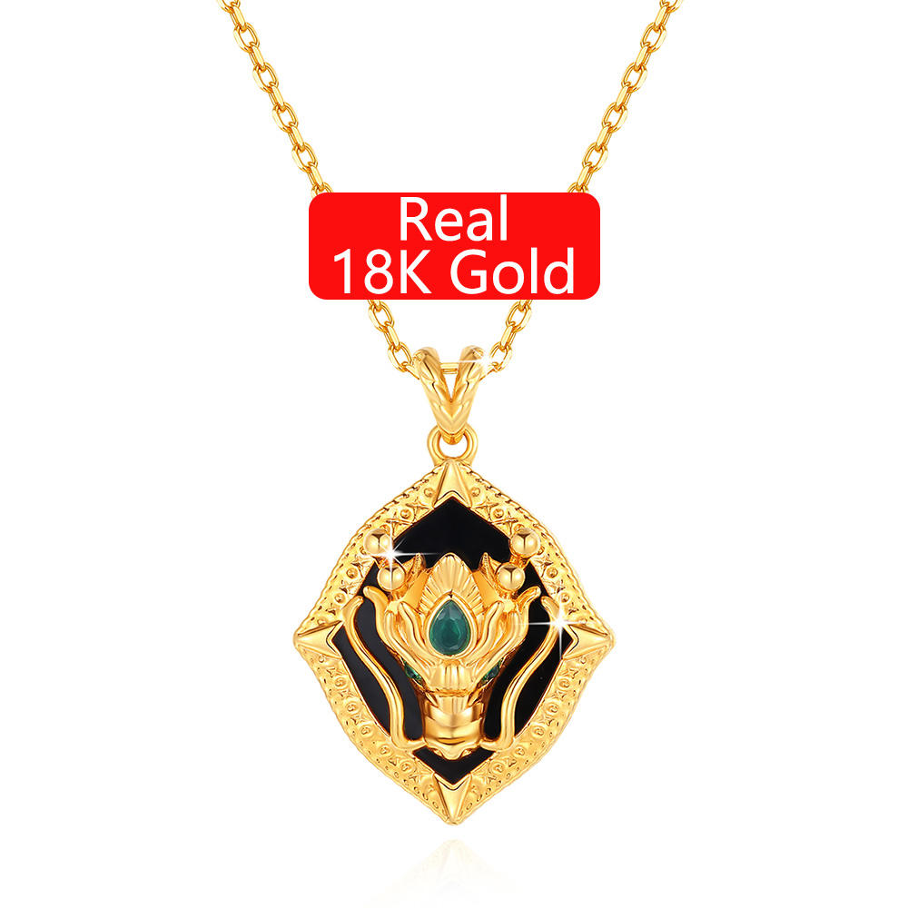 Man Woman Quality Jewellery Gift Natural Onyx Luxury Chinese Style Dragon  Long 5D 18K Gold Pendant
