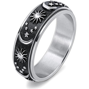 Anelli in Acciaio Inossidabile Placcato Platino con Taglio Radiante, Gioielli alla Moda, Fascia con Stella Luna Sole, Anello Girevole Antistress per Uomo - Product Image 5