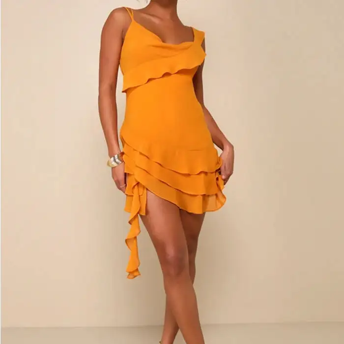 Customized women's dress women's summer casual tight fitting dress yellow pleated layered mini skirt night out dress