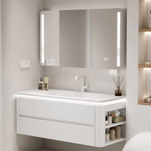 Mueble de baño de roble moderno, placa de <span class=keywords><strong>roca</strong></span> doblada en caliente, lavabo de cerámica integrado, mesa de lavabo de viento en crema, diseño personalizable - Product Image 1