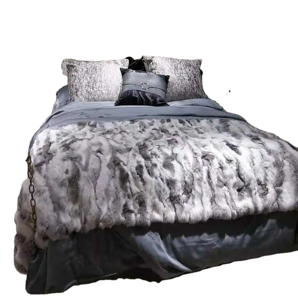 Winter Warm Customized Decorative Patchwork Real Rabbit Fur Throw for Bedding