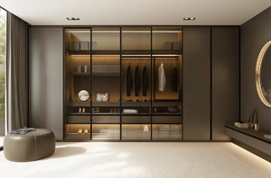 Dressing sur mesure moderne de luxe, armoire autoportante avec cloison en verre, éclairage LED, chambre à coucher, appartement, villa, maison - Product Image 3