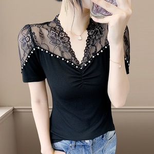 Nueva <span class=keywords><strong>Camiseta</strong></span> <span class=keywords><strong>de</strong></span> Diseño Moderno con Cuello Redondo y Cuentas, <span class=keywords><strong>de</strong></span> Color Sólido y Manga Corta para <span class=keywords><strong>Mujer</strong></span> - Product Image 3