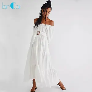 Lancai New casual sexy backless Elegant Summer Half Sleeves Waistband Cotton Maxi Fashion Long Women Wholesale White Dress