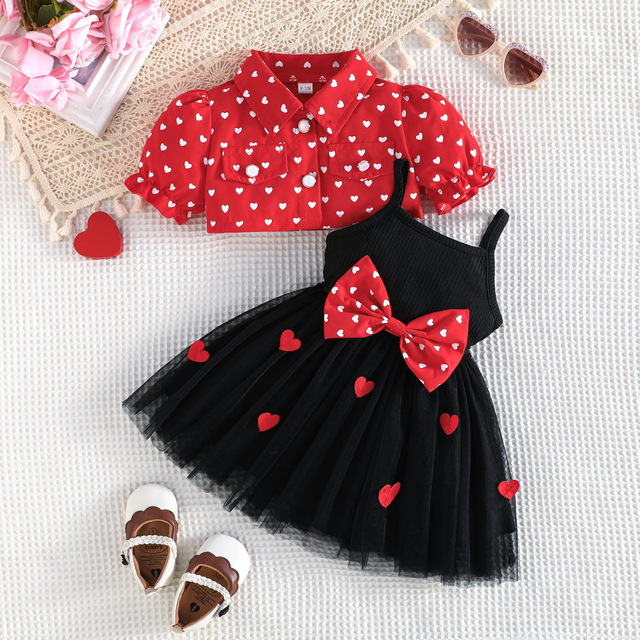 Baby Girls 2 Piece Outfit Polka Dot Short Sleeve Shrug Jacket Heart Bow Sling Tulle Tutu Dress Set Casual Girl's Clothing Set
