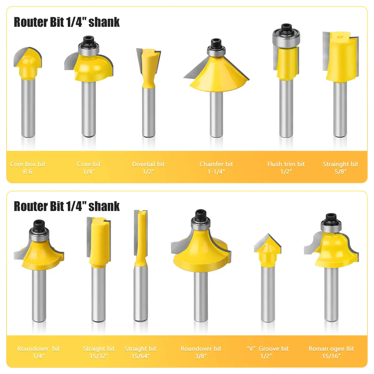 HUHAO 12 pezzi in carburo di 1/4 punte per Router per la lavorazione del legno utensili fresatura frese Router Bit Set