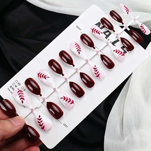 <span class=keywords><strong>Faux</strong></span> <span class=keywords><strong>ongles</strong></span> en ABS à presser, amande <span class=keywords><strong>bordeaux</strong></span> avec motif feuille, réutilisables pour femmes, 24 pièces/ensemble - Product Image 4