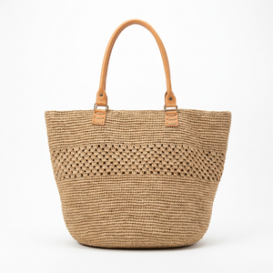 Sac fourre-tout décontracté en paille de raphia avec motif ajouré, deux poignées, grande capacité, style bohème, sac à main pour femme, usage quotidien - Product Image 1