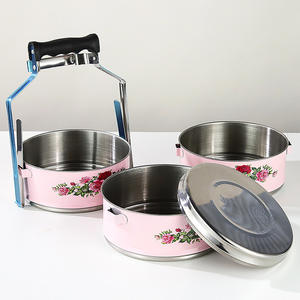 批发圆形搪瓷状喷漆304不锈钢Tiffin午餐盒，带多层便当盒木柄 - Product Image 5