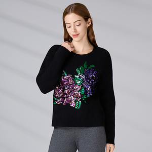 Maglione Nero con <span class=keywords><strong>Paillettes</strong></span> e Ricamo a Peonia, Girocollo, Maniche Lunghe, Pullover Casual da Donna - Product Image 4