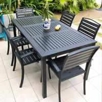Ensemble de salle à manger d'extérieur moderne en aluminium noir résistant aux intempéries, table rectangulaire à lattes et 6 chaises pour jardin et balcon
