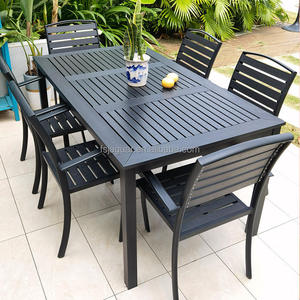 Ensemble de salle à manger d'extérieur moderne en aluminium noir résistant aux intempéries, <span class=keywords><strong>table</strong></span> <span class=keywords><strong>rectangulaire</strong></span> à lattes et 6 chaises pour jardin et <span class=keywords><strong>balcon</strong></span> - Product Image 4