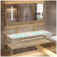 Meuble-lavabo mural moderne en bois de haute qualité CBMmart avec double vasque, miroir intelligent et robinet doré pour appartement