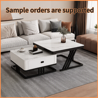 Table basse de luxe pour salon, plateau en verre veiné de pierre, style moderne minimaliste, carrée, avec rangement intégré, petite taille