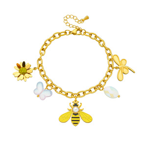 Gold Plated Charm Bracelet With Bee Butterfly Flower Pendant Zinc Alloy Women's Jewelry Gift Accessory - Product Image 5