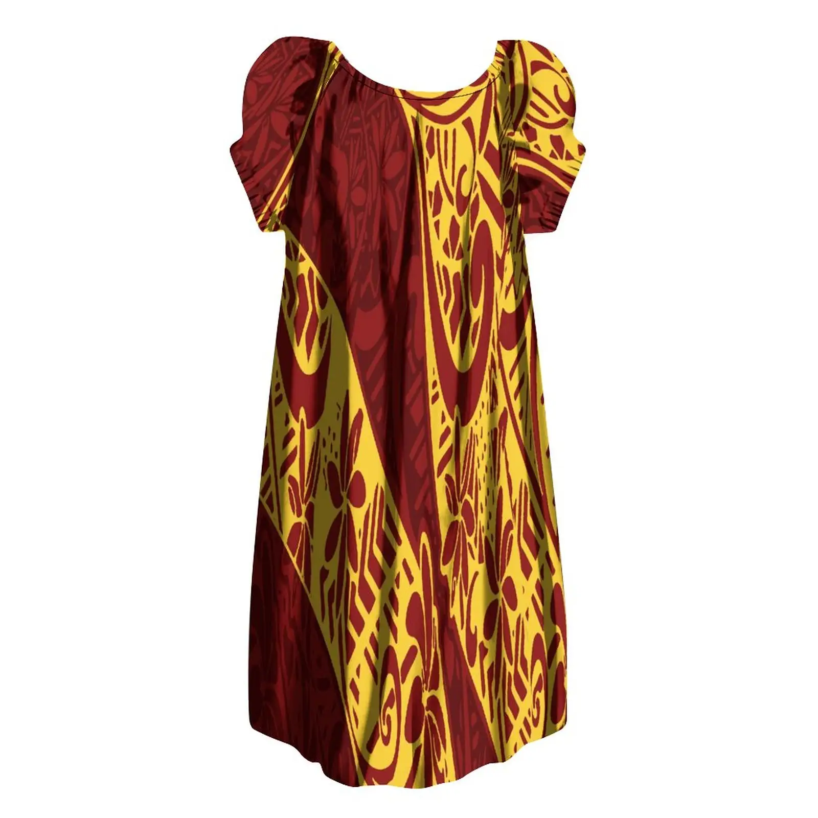 新しいデザインはパシフィックアイランドドレスをカスタマイズします女性赤いポリネシアのドレスレディースファンシーバブルスリーブルーズパフィーミディドレスMumu