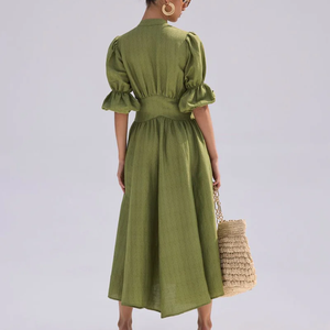 <span class=keywords><strong>Robe</strong></span> longue d'été Vintage personnalisée pour femmes 100% lin pur A-ligne col en V demi-manches courtes bouffantes solide fente bouton de couleur verte - Product Image 4