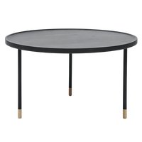 Table basse ronde minimaliste, plateau en bois noir mat, pieds en métal, accents dorés, meubles de salon modernes, design durable