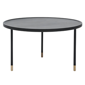 Table basse minimaliste noire mate avec plateau rond, quatre supports métalliques et accents dorés, pour café, studio, bordure foncée, durable - Product Image 1