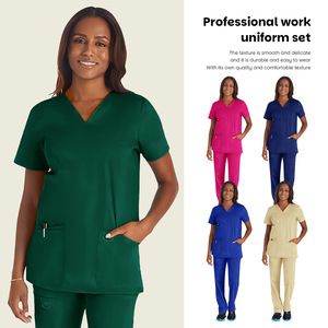 Women Hospital Scrubs Set Dark Green V-Neck Short Sleeve Pants Uniforms For Nurses Clinic Workwear - Product Image 2