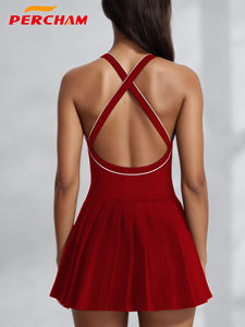 カスタムテニススポーツドレス、コントラストカラー、オープンバック、プリーツゴルフドレス、女性用ジムフィットネスウェア、取り外し可能なカップ付き、高伸縮性 - Product Image 5